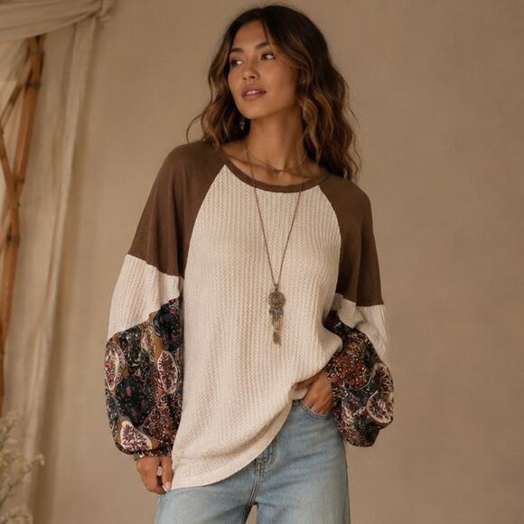 Umgee Tops - UMGEE Boho Waffle Knit Top M Oversized Lagenlook Balloon Sleeve Floral Patchwork